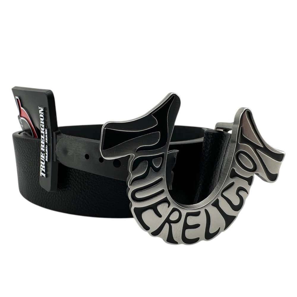 True Religion Mens Shoup Belt Black Nickel Horseshoe Logo Buckle Size 34 NEW